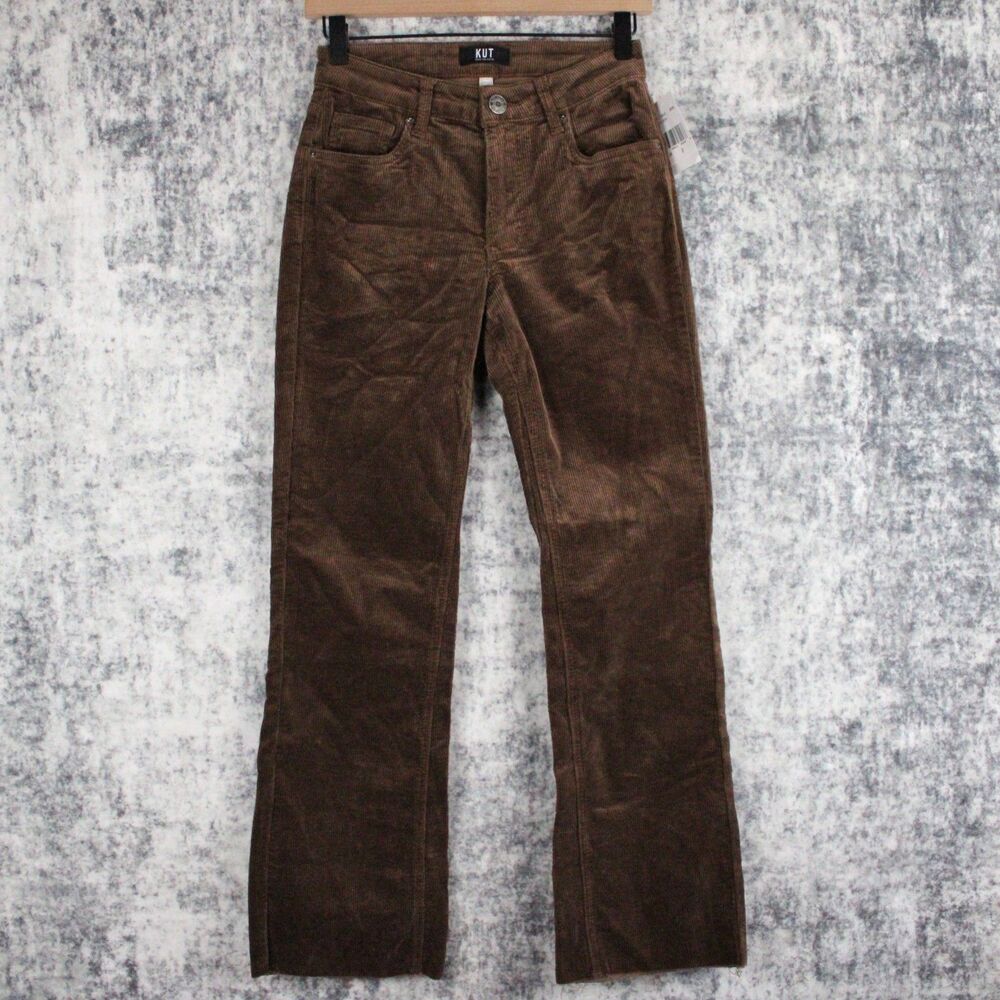 NEW Kut from the Kloth Womens 0 KELSEY Ankle Flare Corduroy Pants Brown Raw Hem